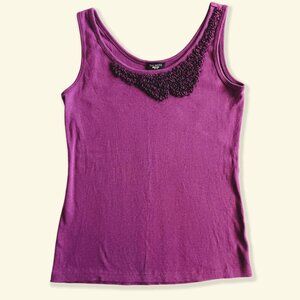 Talbots Purple Knit Sleeveless Top with Neckline Embellishment, Cotton, Size SP